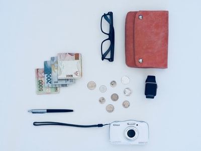 照相机、钢笔、眼镜、手表、硬币和钞票